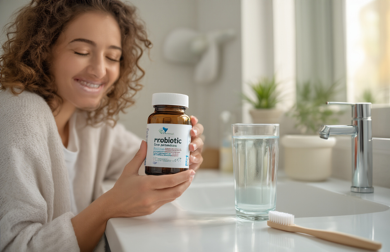 Create a realistic image of a smiling person holding a probiotic supplement bottle next to a glass of water on a bathroom counter, with a fresh toothbrush and natural mouthwash visible nearby, conveying a sense of freshness and oral health, in soft morning lighting.