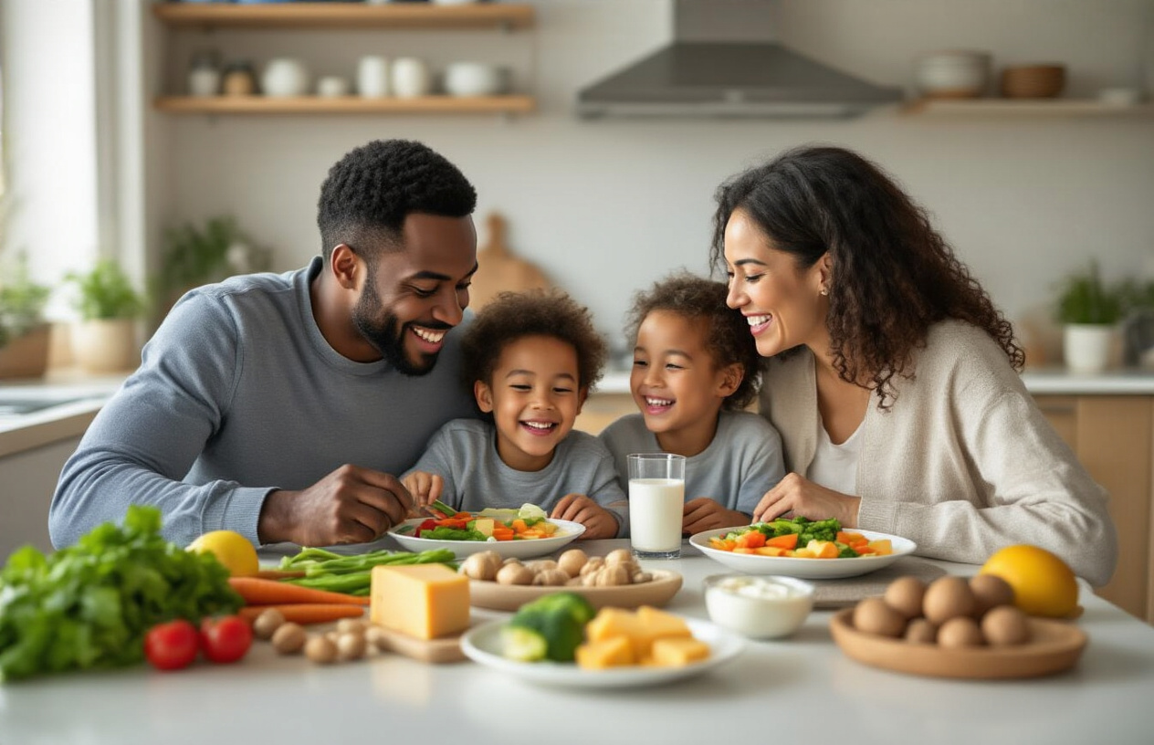 Create a realistic image of a smiling diverse family (Black father, Asian mother, and two children of mixed race) enjoying a healthy meal together with teeth-friendly foods like fresh vegetables, cheese, yogurt, and nuts arranged attractively on a bright dining table, with a glass of water beside each plate, in a well-lit modern kitchen, conveying a warm and positive atmosphere about oral health and family wellness.