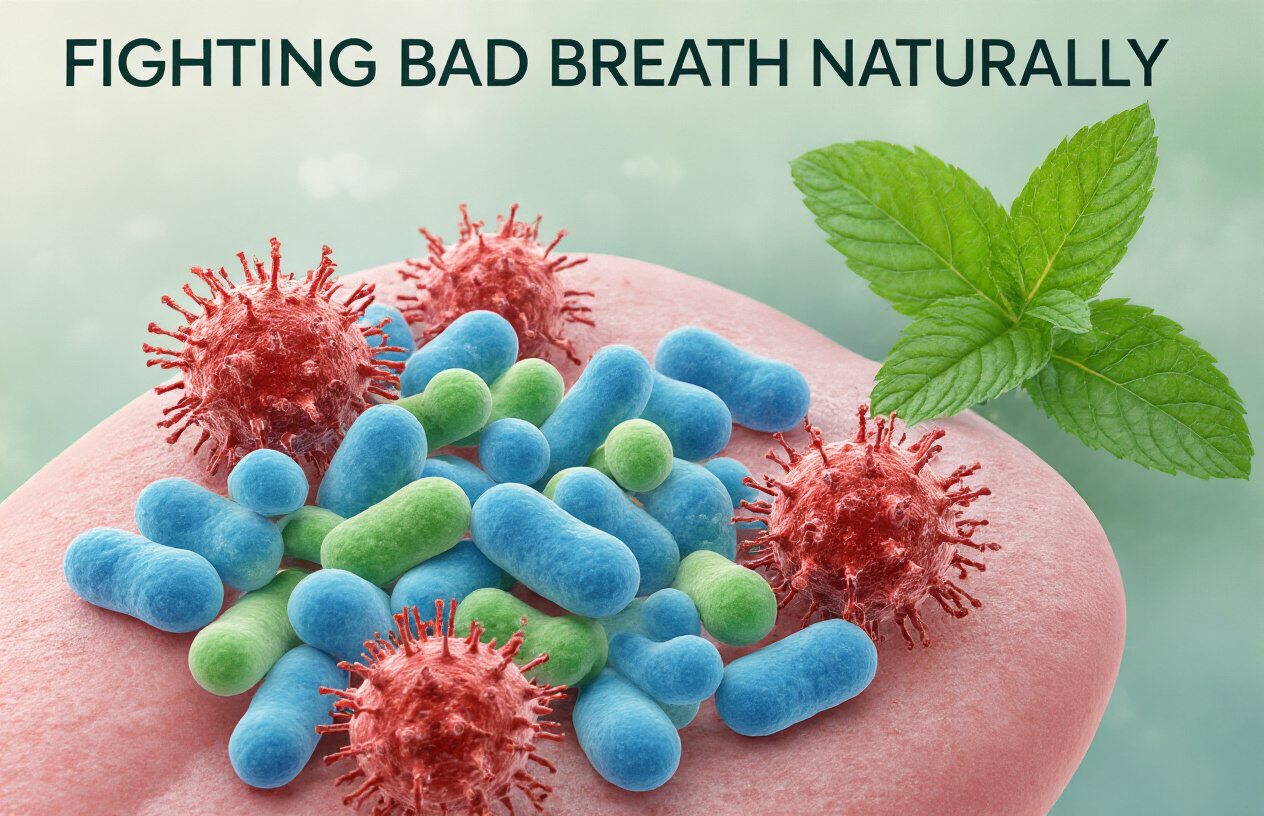 Create a realistic image of a colorful microscopic view showing beneficial bacteria (represented as smooth, rounded blue and green organisms) crowding out harmful bacteria (shown as jagged red forms) on a tongue surface, with a subtle fresh mint leaf in the background and text overlay reading "Fighting Bad Breath Naturally."