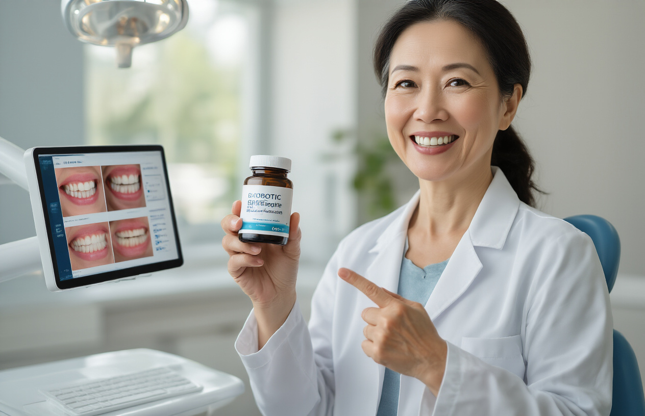 Create a realistic image of a smiling middle-aged Asian female dental professional in a white coat holding a probiotic supplement bottle in one hand and pointing to a digital screen showing before/after images of healthy gums, in a modern dental office with soft natural lighting, conveying hope and scientific advancement in oral health care.