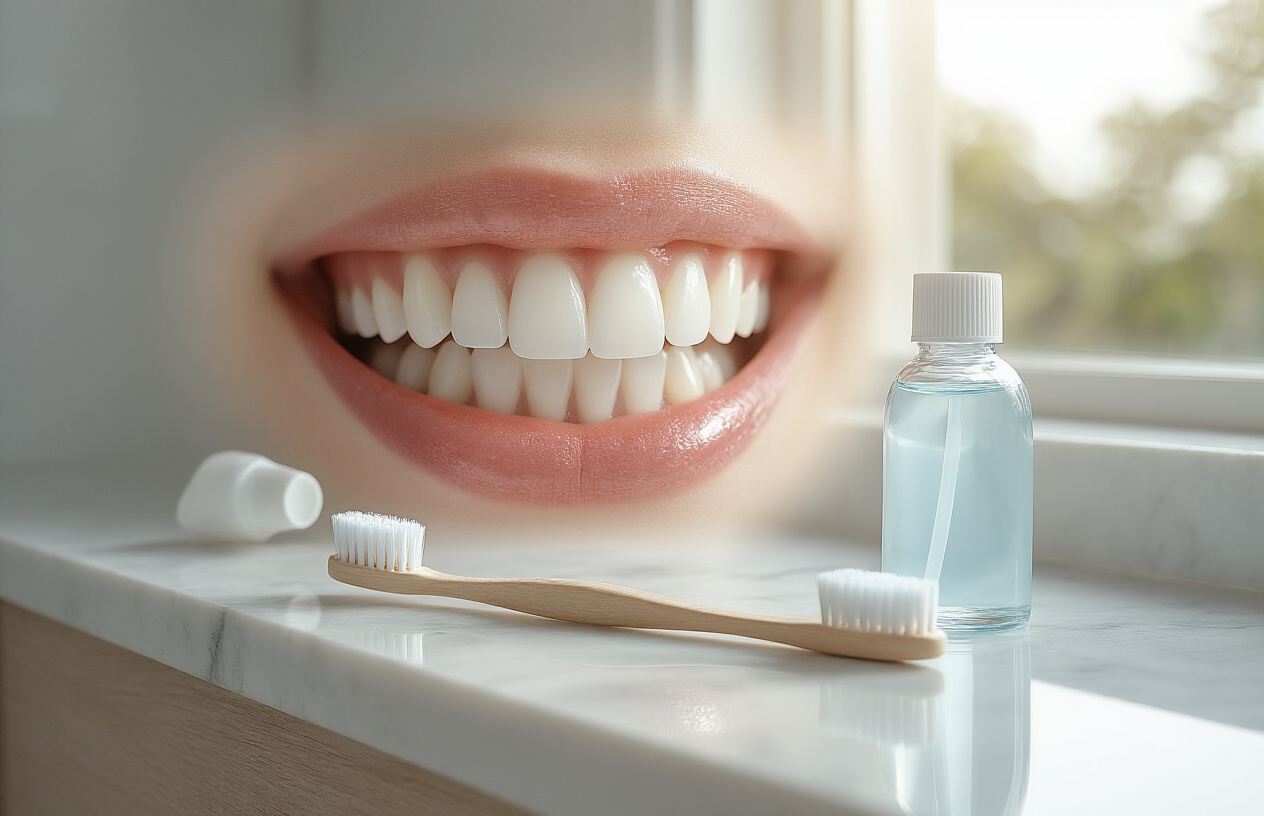 Create a realistic image of a close-up shot showing a radiant white smile with perfectly aligned teeth as the main focus, accompanied by dental care items including a whitening toothpaste tube, soft-bristled toothbrush, and small bottle of whitening mouthwash arranged elegantly on a clean white marble bathroom counter, with soft natural lighting from a window creating gentle shadows and highlighting the brightness of the smile and dental products, conveying a sense of achievement and dental health success, absolutely NO text should be in the scene.