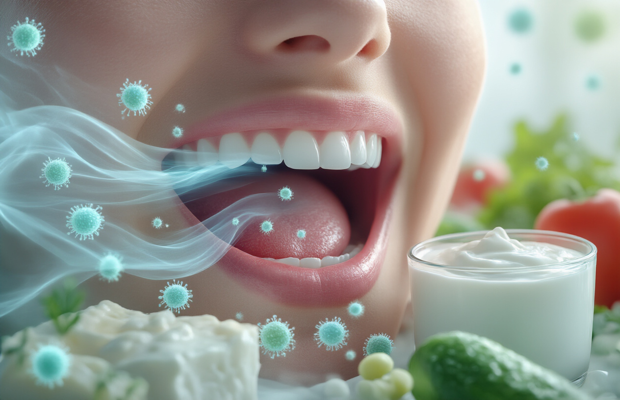 Create a realistic image of a close-up view of a healthy human mouth with fresh breath visualized as soft, translucent blue or mint-green wisps gently flowing outward, surrounded by microscopic beneficial bacteria illustrated as tiny, glowing spherical organisms in soft blues and greens floating around the mouth area, with natural probiotic foods like yogurt, kefir, and fermented vegetables artfully arranged in the background, set against a clean, bright white background with soft, natural lighting that creates a fresh and healthy atmosphere, Absolutely NO text should be in the scene.