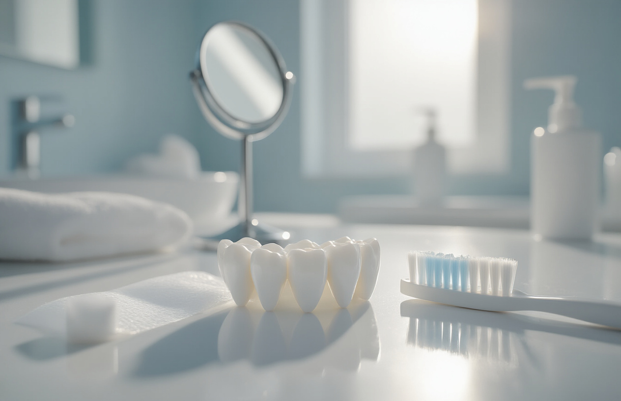 Create a realistic image of a close-up view of healthy white teeth with a gentle smile, showing pristine tooth enamel with a natural pearlescent shine, surrounded by subtle elements including whitening strips partially visible on a clean white surface, a small mirror reflecting light, and soft dental care items like a toothbrush in the blurred background, all set against a clean, minimalist bathroom counter with soft natural lighting streaming in, creating a peaceful and reassuring mood that conveys dental health and safety, with everything bathed in bright, clean white and soft blue tones. Absolutely NO text should be in the scene.