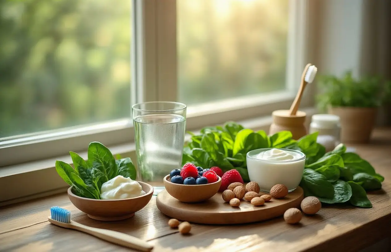Create a realistic image of a serene wellness scene featuring a beautiful wooden table with fresh colorful foods including leafy greens, yogurt, berries, and nuts arranged alongside a glass of water, a bamboo toothbrush, and natural dental care items, all bathed in soft natural lighting from a nearby window, with subtle bokeh effects in the background suggesting a peaceful home environment that represents holistic health and the connection between nutrition and oral wellness, absolutely NO text should be in the scene.