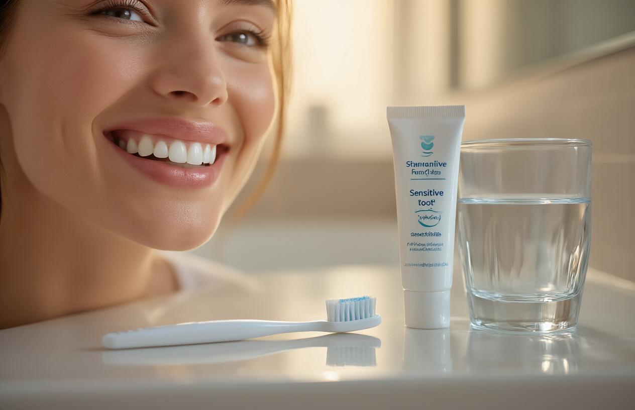 Create a realistic image of a close-up view of a white person's gentle smile showing healthy, naturally white teeth, with a soft-bristled toothbrush and sensitive toothpaste tube placed on a clean bathroom counter beside a glass of water, all bathed in soft, warm natural lighting that creates a calm and reassuring atmosphere, with a blurred modern bathroom background featuring light colors, conveying a sense of successful oral care and relief from sensitivity. Absolutely NO text should be in the scene.
