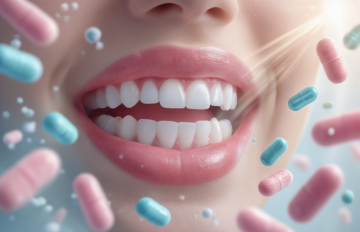 Create a realistic image of a close-up view of healthy pink gums and white teeth with a gentle smile, surrounded by floating probiotic capsules and beneficial bacteria illustrations in soft blue and green colors, with a clean white background that has subtle light rays coming from the top right corner creating a hopeful and positive mood, showing the connection between oral health and probiotic supplementation through visual harmony between the dental elements and probiotic imagery, absolutely NO text should be in the scene.