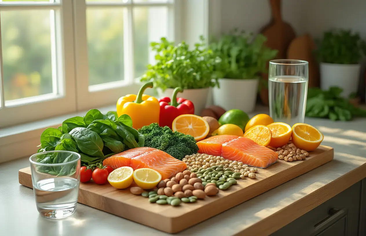 Create a realistic image of a beautifully arranged wooden cutting board featuring an abundance of gum-healthy foods including fresh leafy greens like spinach and kale, colorful bell peppers, citrus fruits, nuts and seeds, lean proteins like salmon, and a glass of clear water, all artfully displayed on a clean kitchen counter with soft natural lighting streaming in from a window, creating a warm and inviting atmosphere that represents the culmination of healthy eating choices for optimal gum health, with some foods partially prepared or sliced to show freshness and variety, absolutely NO text should be in the scene.