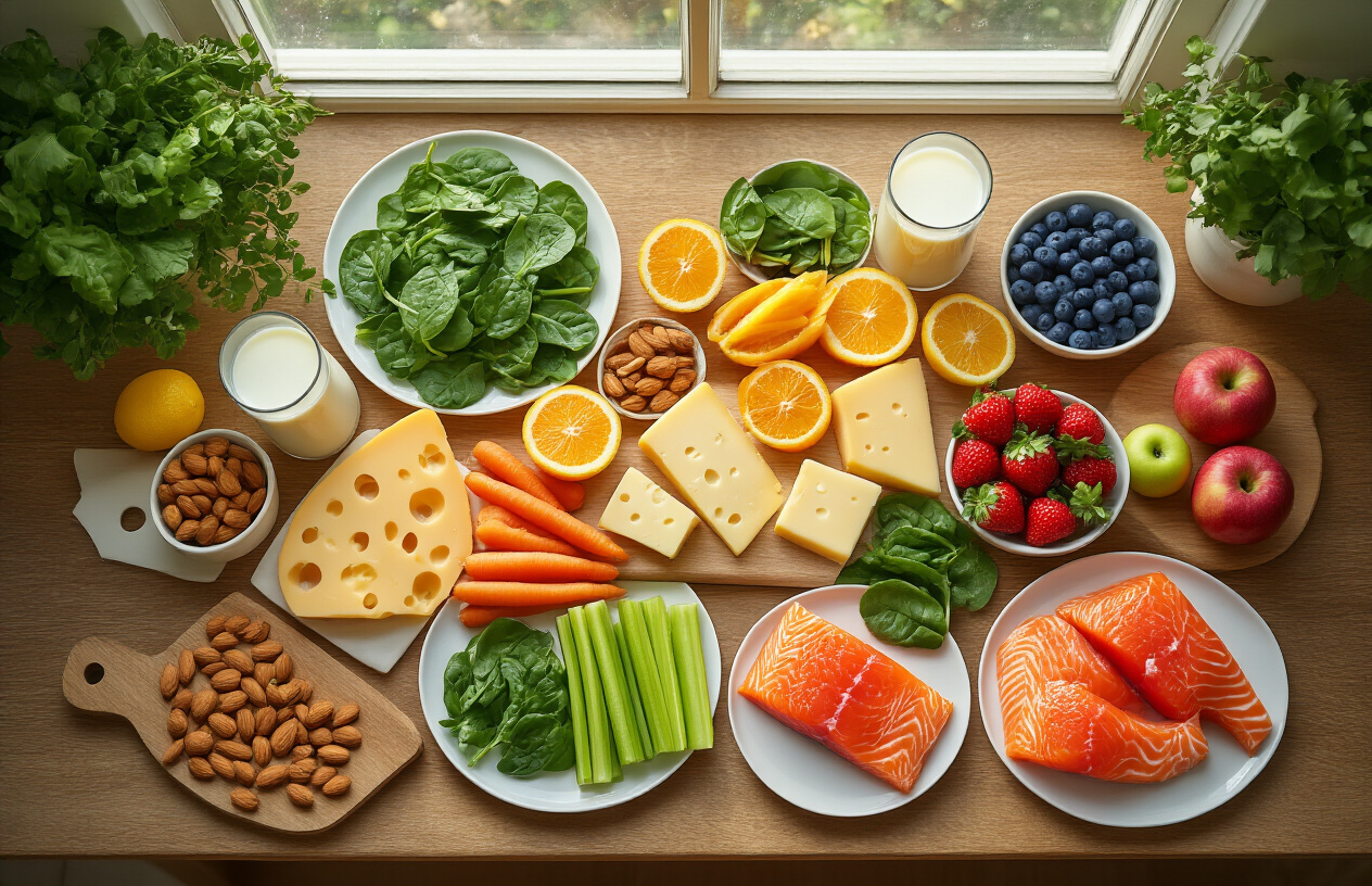 Create a realistic image of a beautiful wooden kitchen table from above showcasing an abundant spread of tooth-healthy foods arranged in an organized, visually appealing layout including glasses of milk, chunks of aged cheese, fresh leafy greens like spinach and kale, vibrant citrus fruits cut in half showing their juicy interiors, crunchy carrots and celery sticks, almonds and walnuts scattered naturally, fresh salmon fillets, colorful berries including strawberries and blueberries, and crisp apples, all positioned on elegant white ceramic plates and wooden cutting boards with soft natural lighting streaming from a nearby window creating gentle shadows and highlighting the fresh, vibrant colors of the nutritious foods, conveying a sense of health, wellness, and dental care through nutrition. Absolutely NO text should be in the scene.